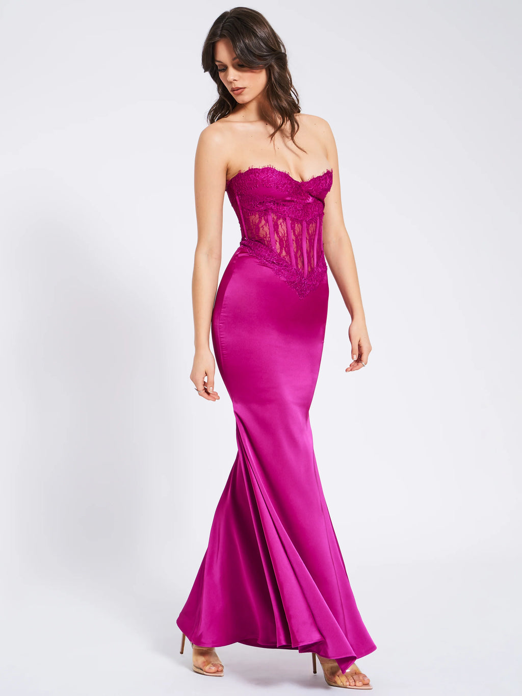 Everleigh Fuchsia Lace Satin Corset Maxi Dress Archive Sale