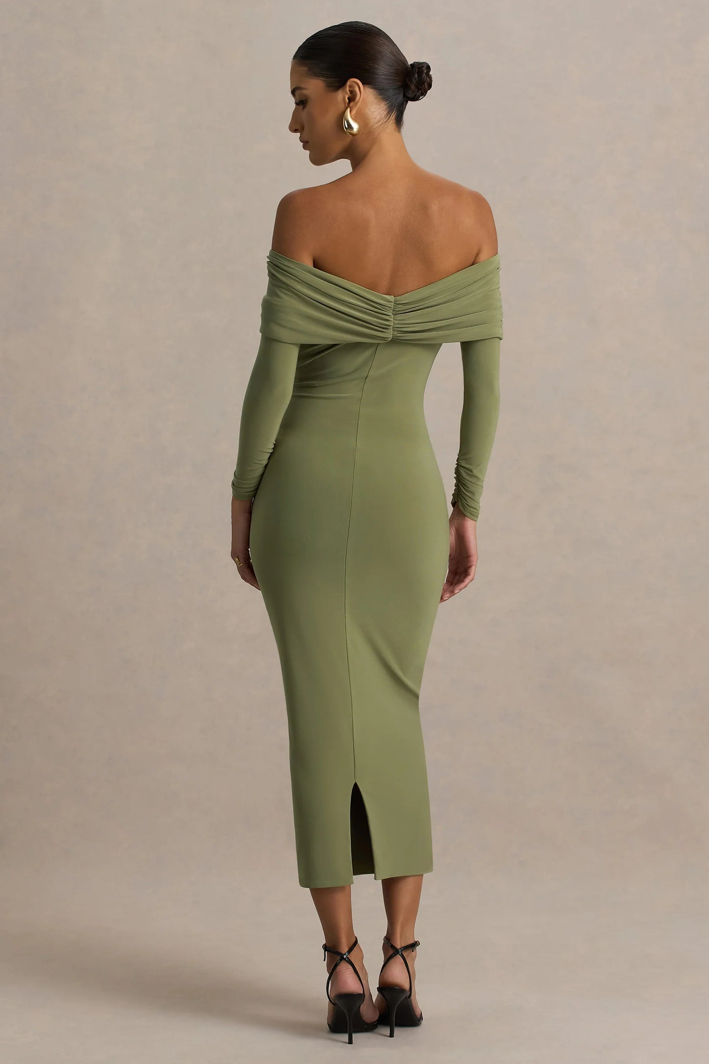 Spark Olive Bardot Neck Midi Dress With Bow Detail