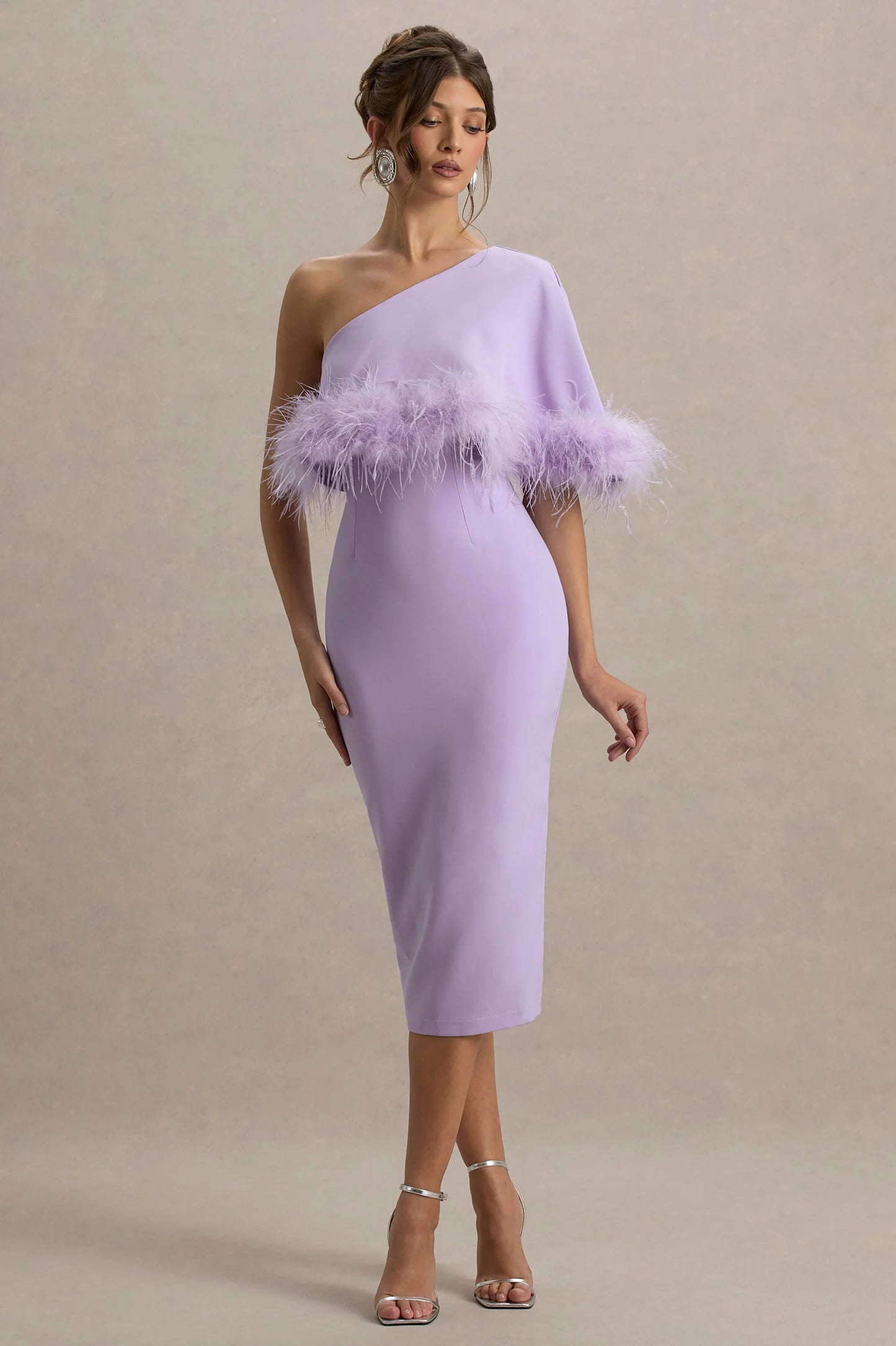 Victory Lilac One Shoulder Midi Dress With Feather Trim
