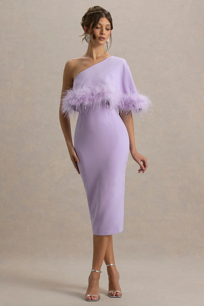 Victory Lilac One Shoulder Midi Dress With Feather Trim