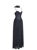 Juliette Navy Blue Polka Dot Chiffon Maxi Dress