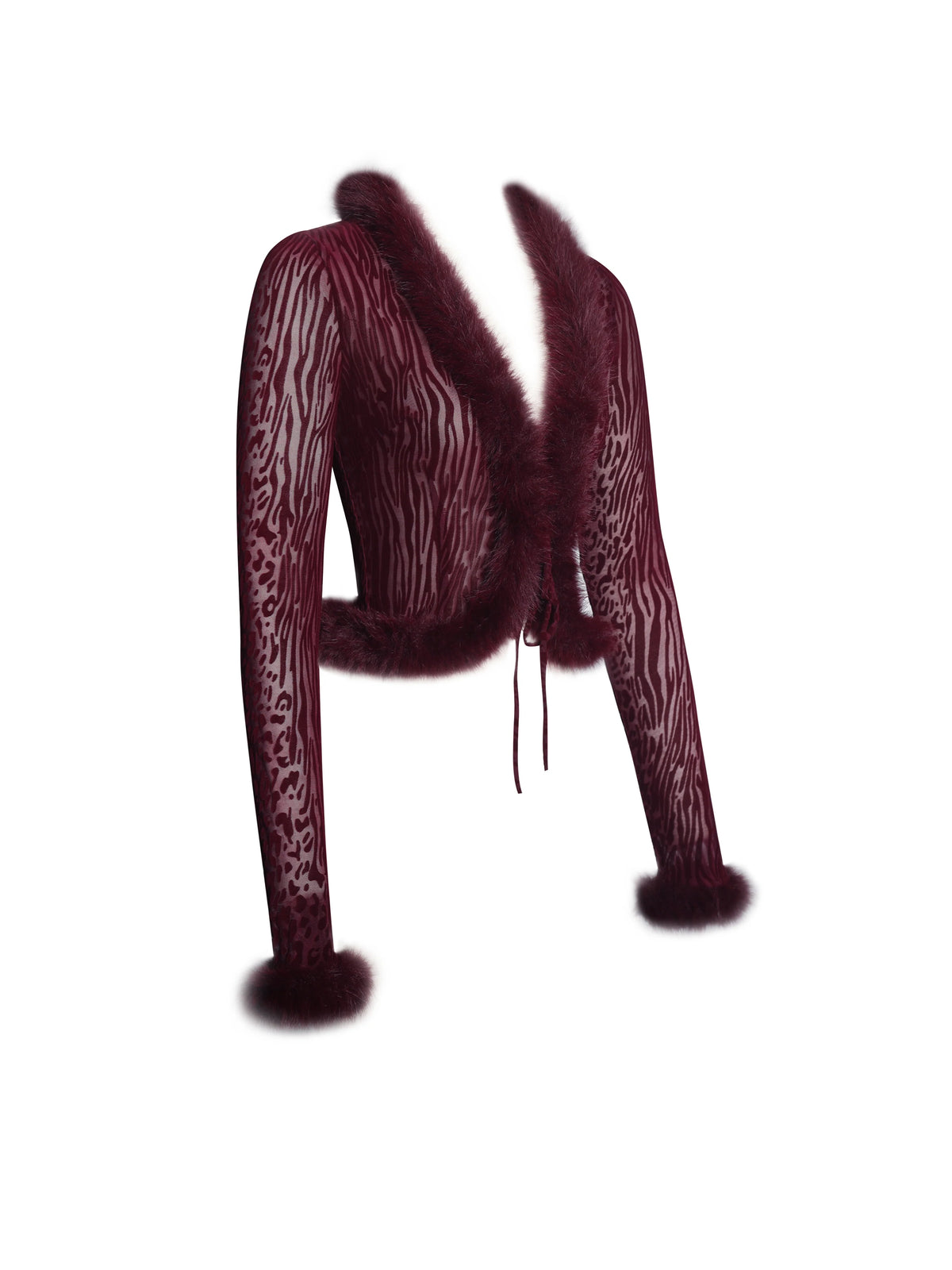 Hali Burgundy Animal Print Burnout Velvet Fur Trim Top