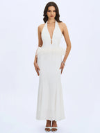 Solene Pleated Halter Backless Feather Trim Maxi Dress