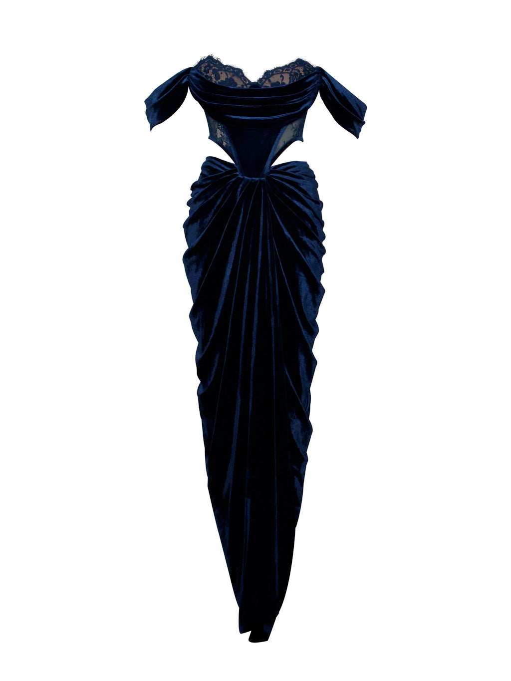 Quintessa Teal Lace Velvet Corset Off Shoulder Gown Archive Sale