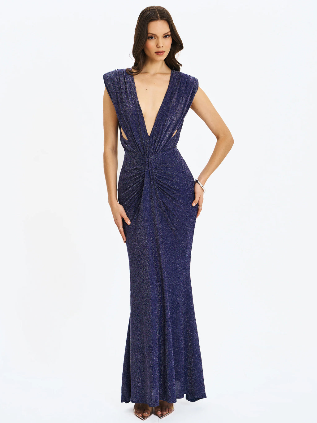 Terri Navy Sparkle Plunging Backless Maxi Dress