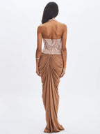 Nancie Apricot Beaded Halter Peplum Ruched Maxi Dress