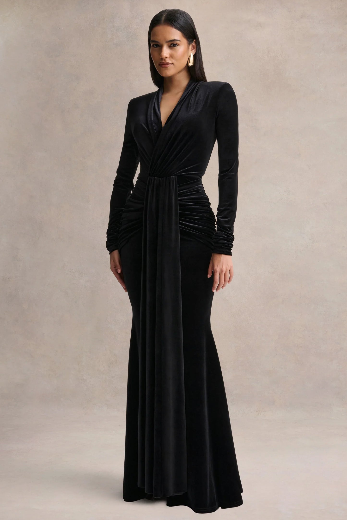 Halima Black Velvet Plunge Neck Maxi Dress With Gathered Detailing