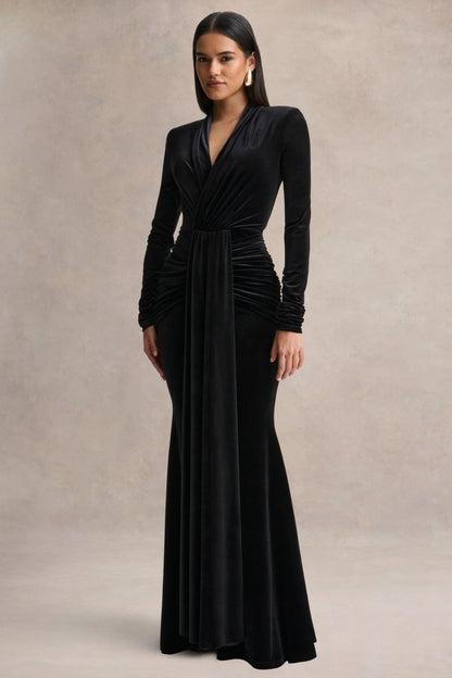 Halima Black Velvet Plunge Neck Maxi Dress With Gathered Detailing