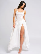 Ulissa White Square Neck Jacquard Textured High Slit Maxi Dress