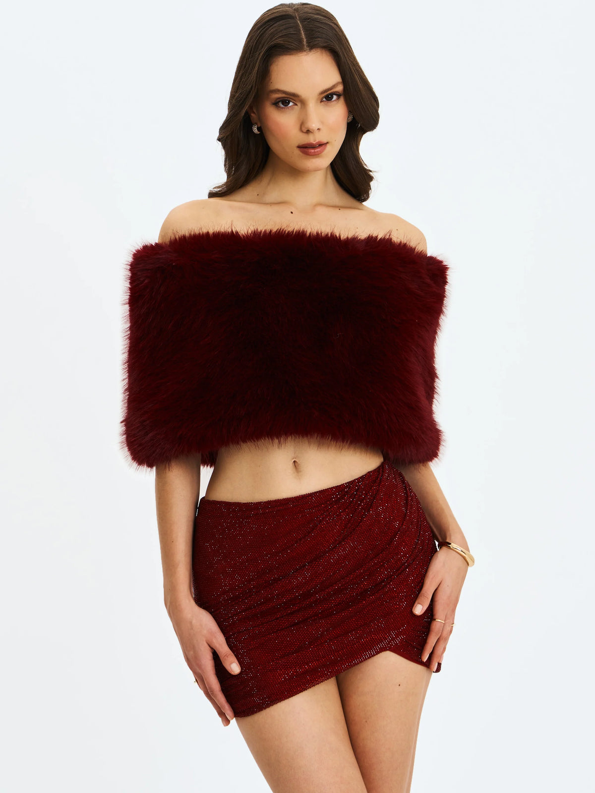 Darla Burgundy Faux Fur Off Shoulder Cropped Top