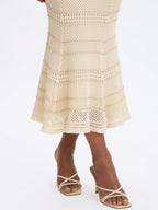 Xiomara Beige Gold Stripe Crochet Knit Mermaid Midi Dress