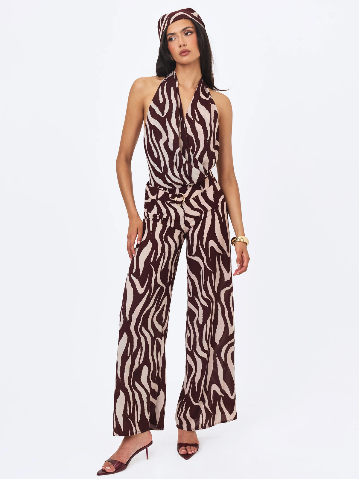 Ashlyn Burgundy Beige Abstract Zebra Print Belted Halter Jumpsuit