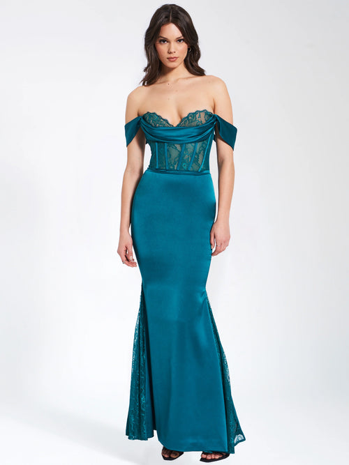 Callista Teal Satin Lace Corset Maxi Dress Archive Sale
