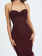 Pluma Maroon Halter Faux Fur Trimmed Midi Dress