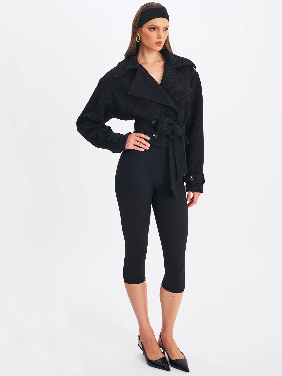 Dara Black Wool Blend Cropped Double Breasted Belted Coat