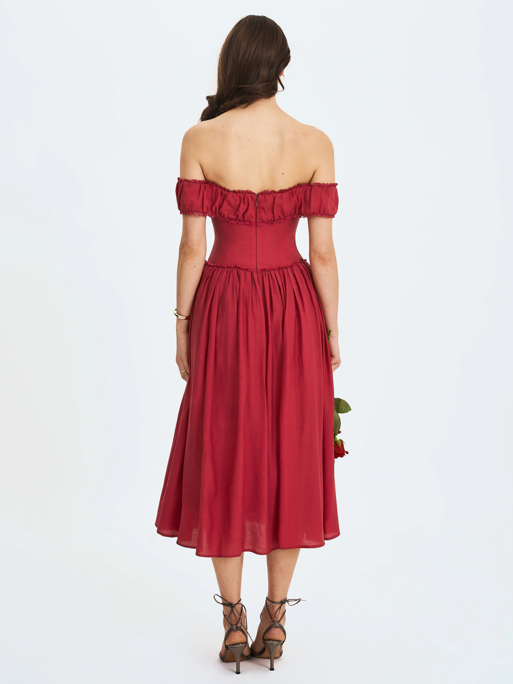 Xavy Crimson Off Shoulder Corset Midi Dress