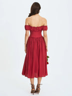Xavy Crimson Off Shoulder Corset Midi Dress
