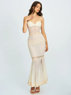 Pallas Beige Lace Trim Crochet Mermaid Maxi Dress