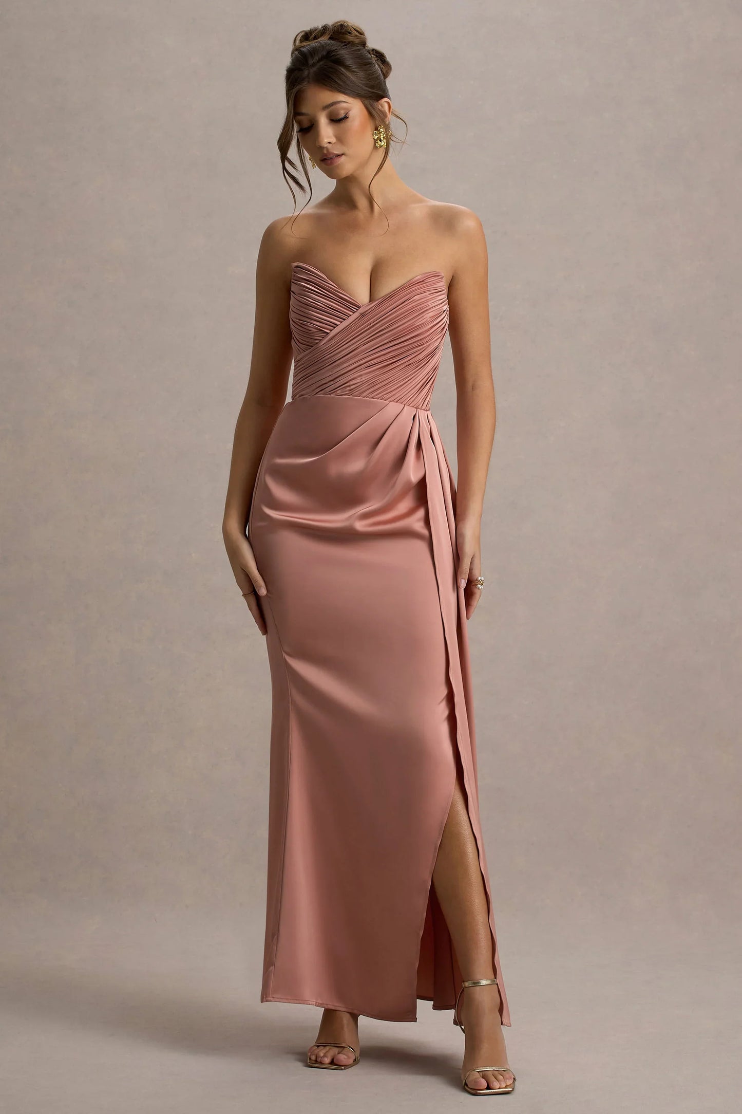 Edel Pink Satin Strapless Maxi Dress With Drape