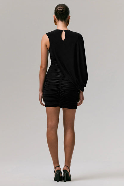 Fortuna Black Ruched Mini Dress With One Sleeve