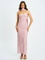 Raizel Pink Beaded Sequin Bodycon Gown with Scarf