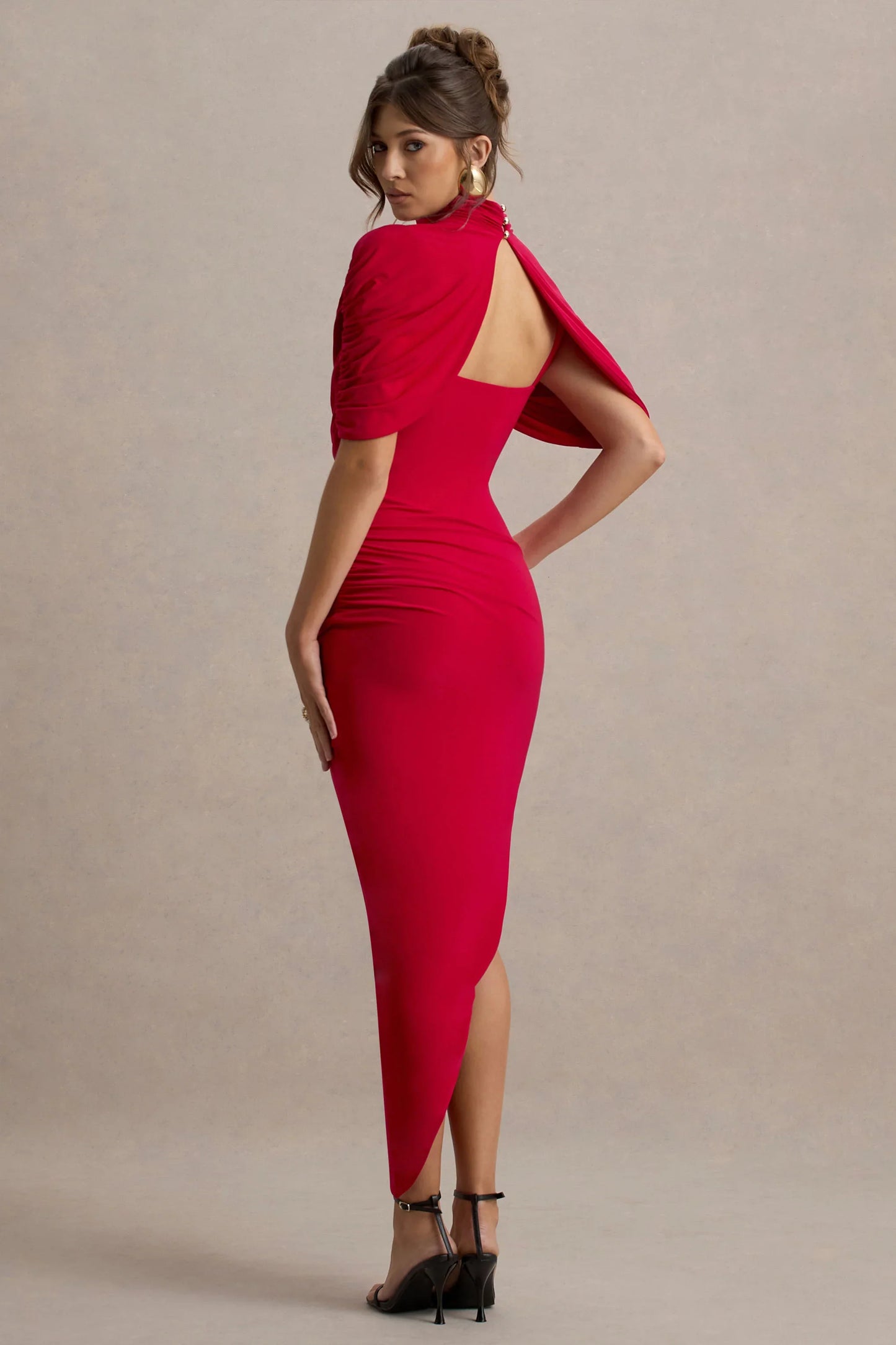 Enchant Red Asymmetric Twisted Cape Midi Dress