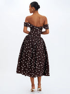 Xandie Mocha Polka Dot Off Shoulder Midi Dress