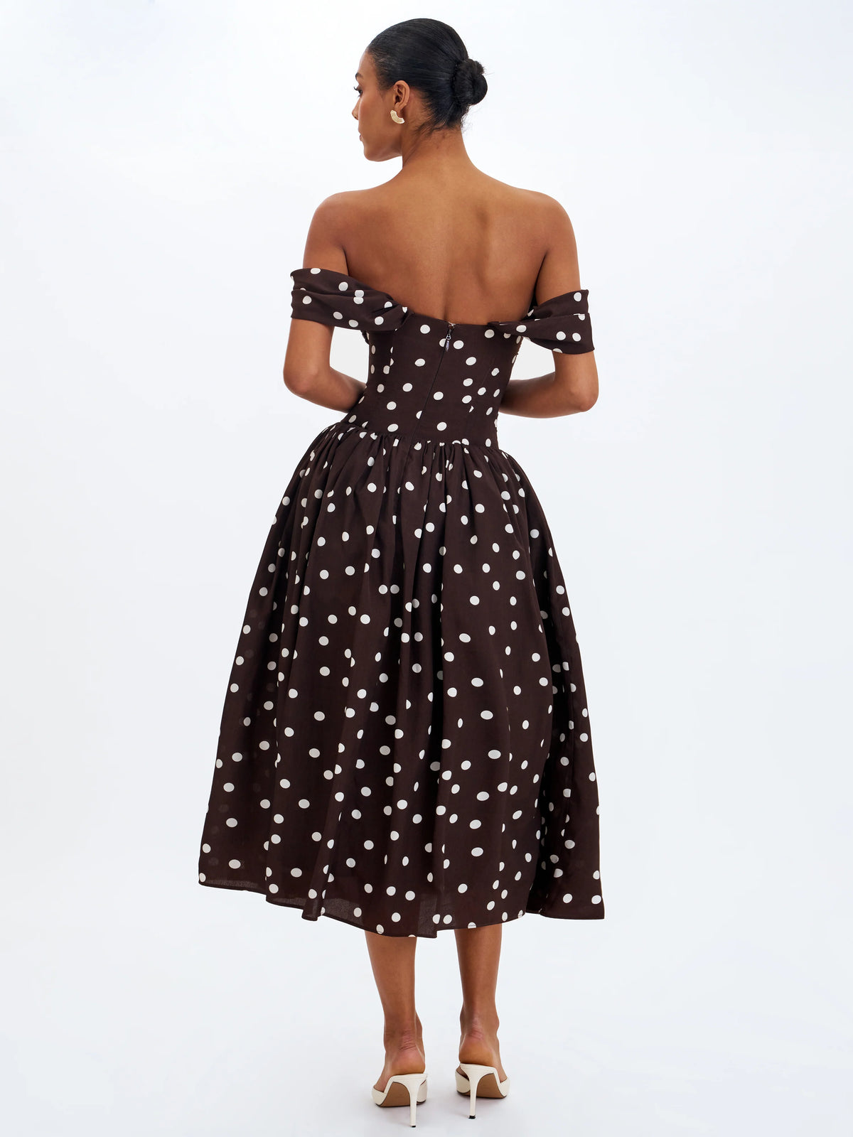 Xandie Mocha Polka Dot Off Shoulder Midi Dress