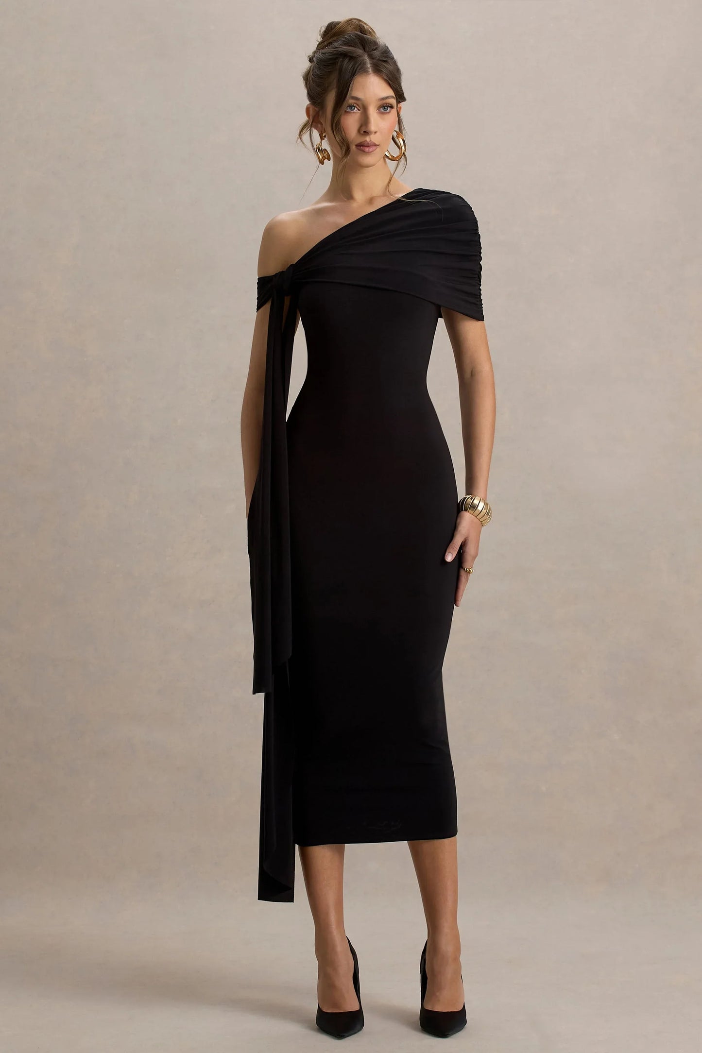 Praia Black Asymmetric Neck Maxi Dress With Sash and Draped Detailing