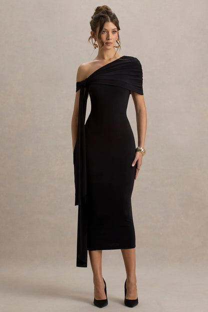 Praia Black Asymmetric Neck Maxi Dress With Sash and Draped Detailing