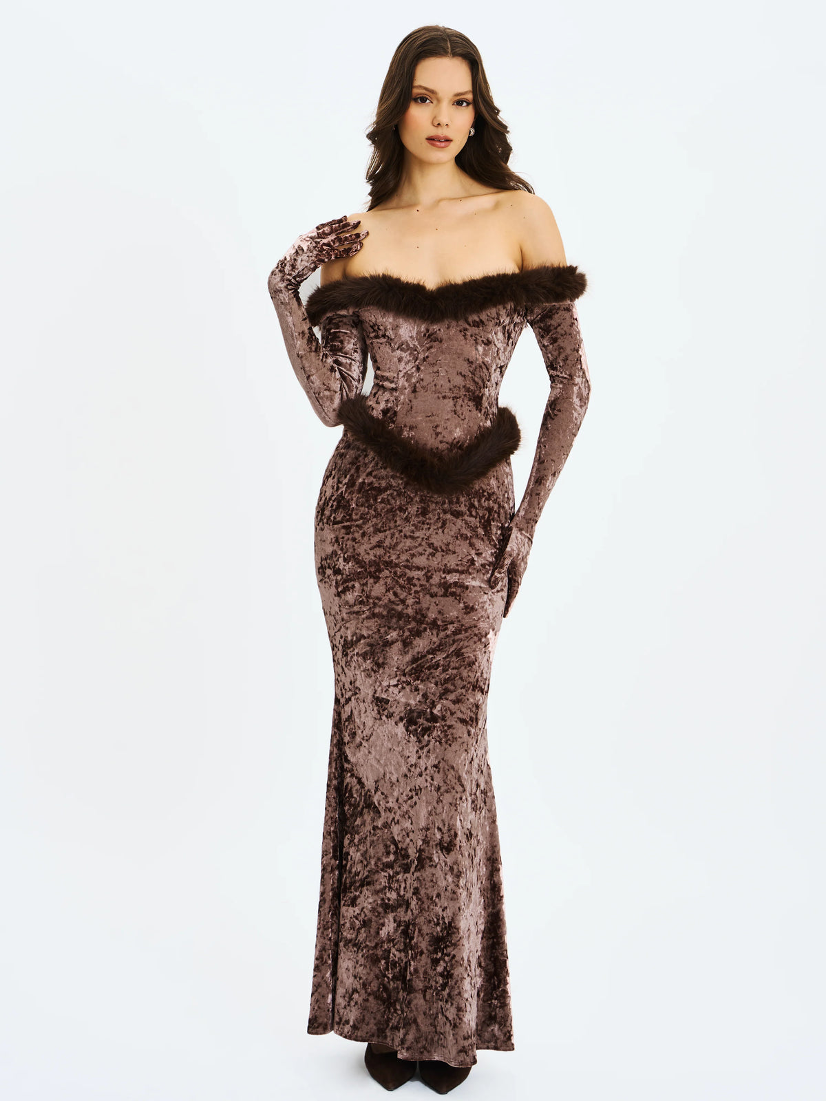 Tessa Coffee Sweetheart Bardot Faux Fur Velvet Mermaid Maxi Dress