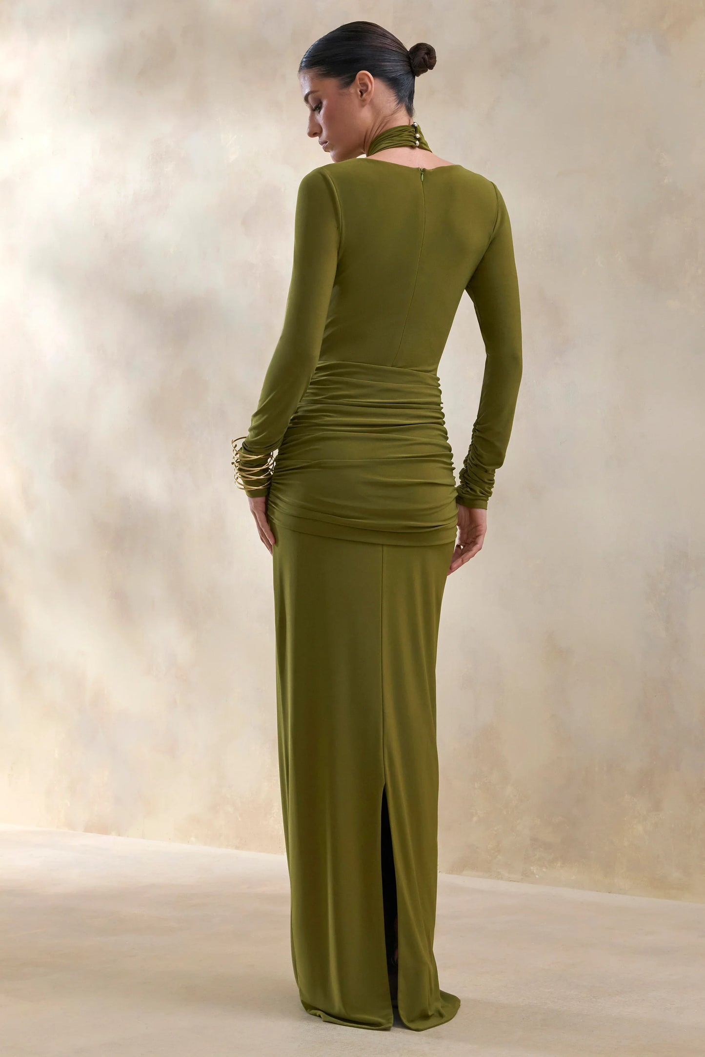 Linessa Olive High Neck Maxi Dress With Sash And Gathered Detailing