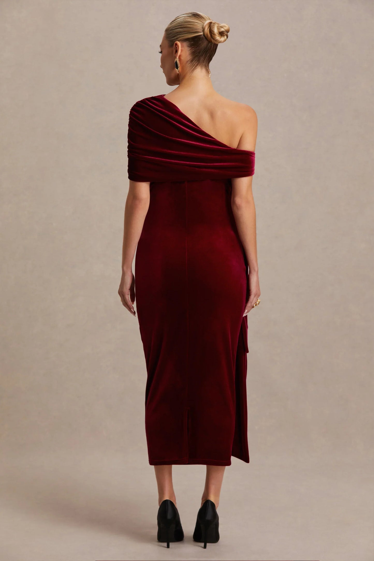 Zena Burgundy Velvet Asymmetric Neck Maternity Midi Dress With Knot And Sash Detail