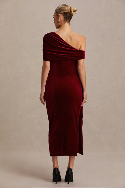 Zena Burgundy Velvet Asymmetric Neck Maternity Midi Dress With Knot And Sash Detail