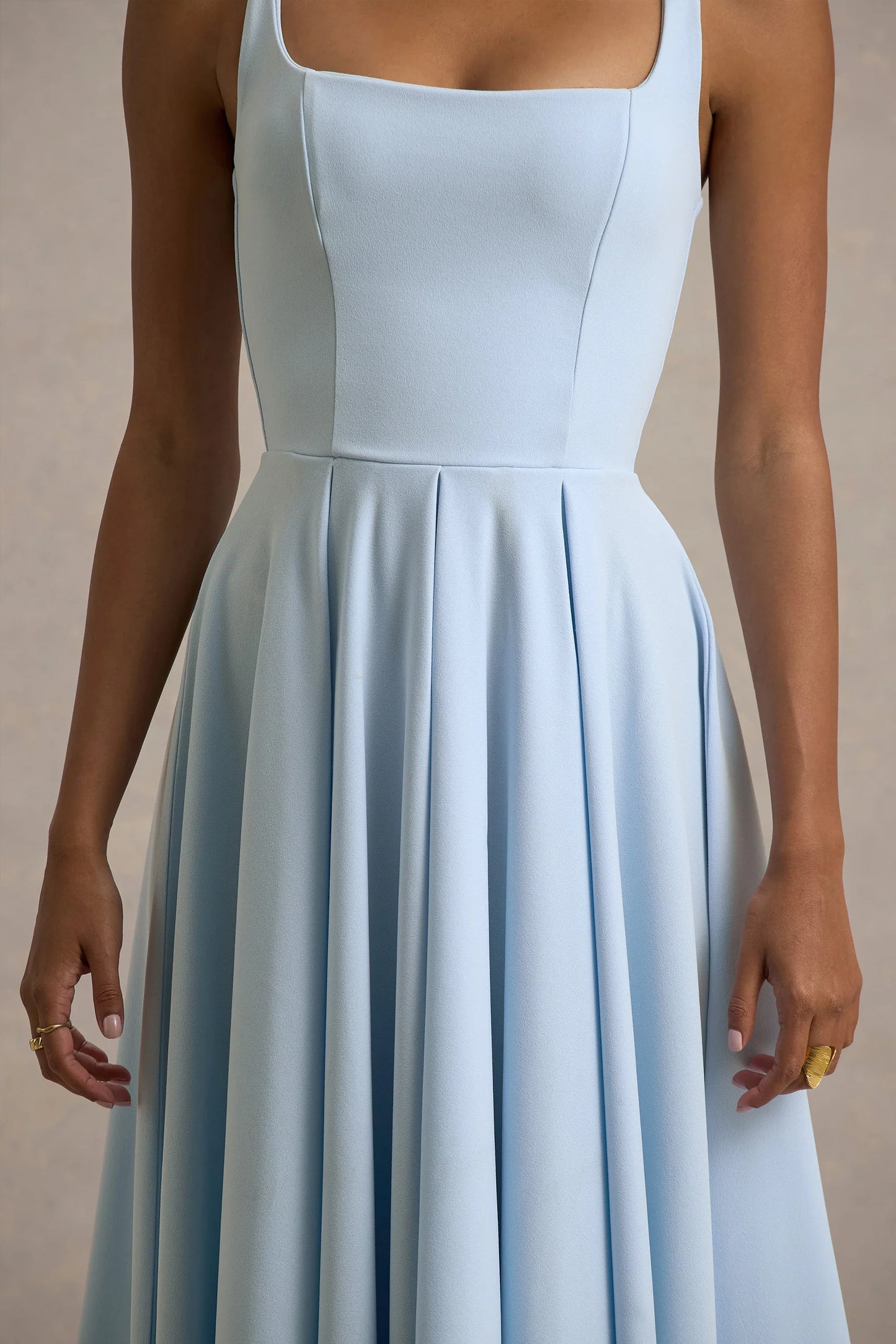 Parina Powder Blue Strappy Volume Hem Midi Dress