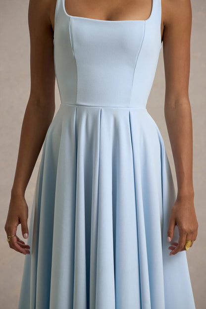 Parina Powder Blue Strappy Volume Hem Midi Dress