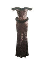Tessa Coffee Sweetheart Bardot Faux Fur Velvet Mermaid Maxi Dress