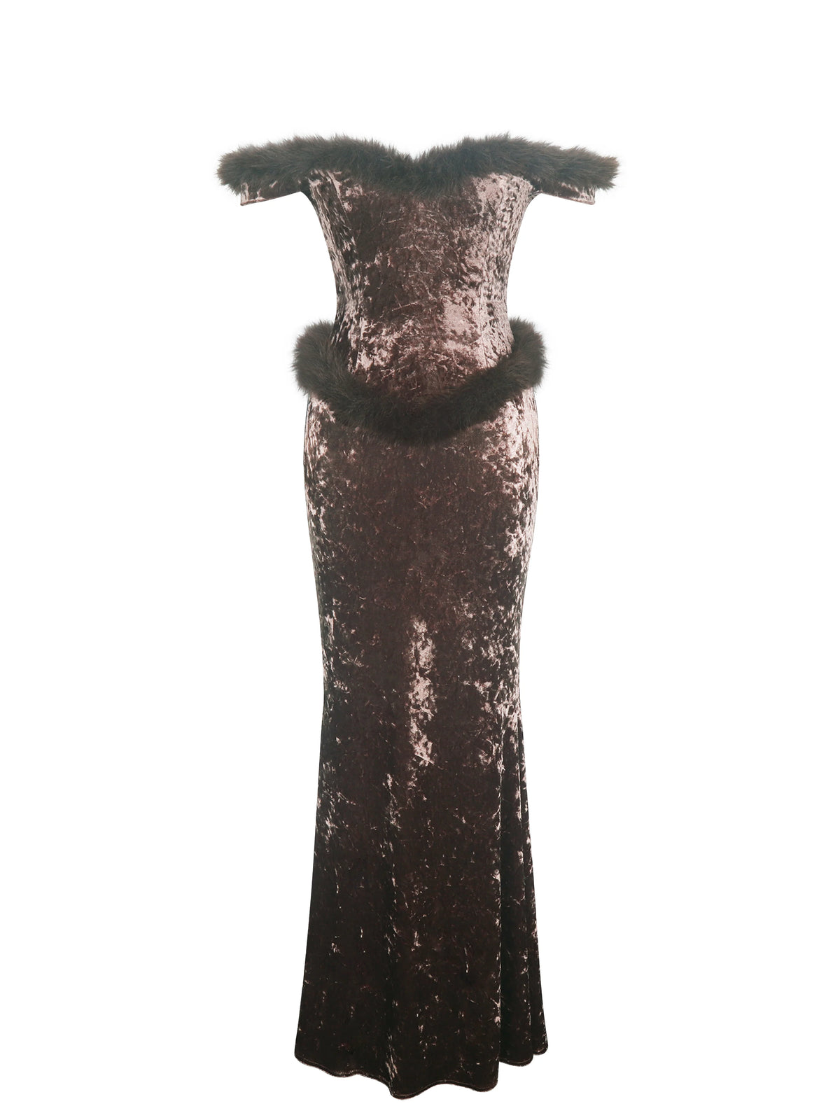 Tessa Coffee Sweetheart Bardot Faux Fur Velvet Mermaid Maxi Dress