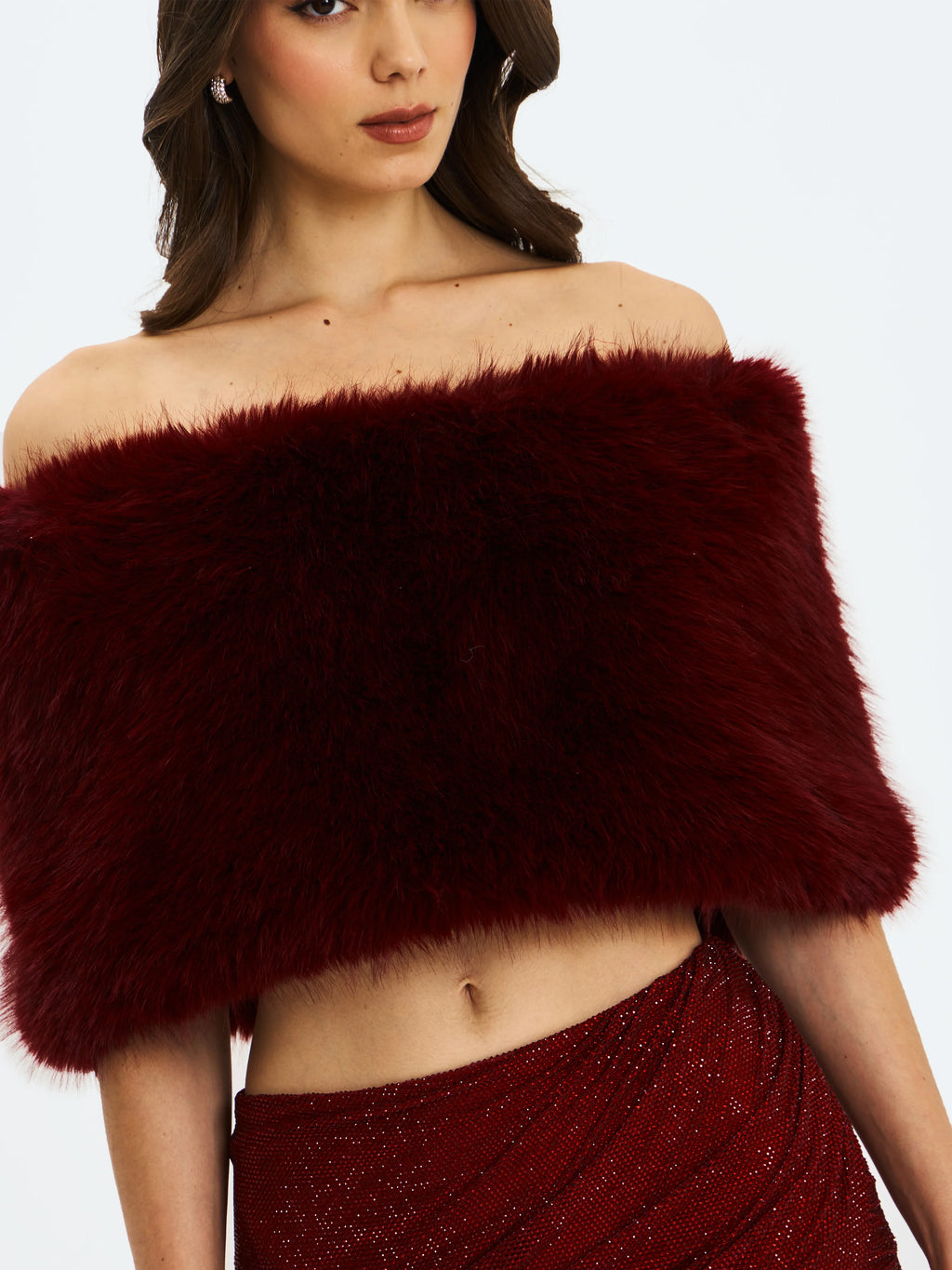 Darla Burgundy Faux Fur Off Shoulder Cropped Top