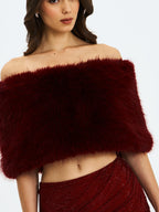 Darla Burgundy Faux Fur Off Shoulder Cropped Top