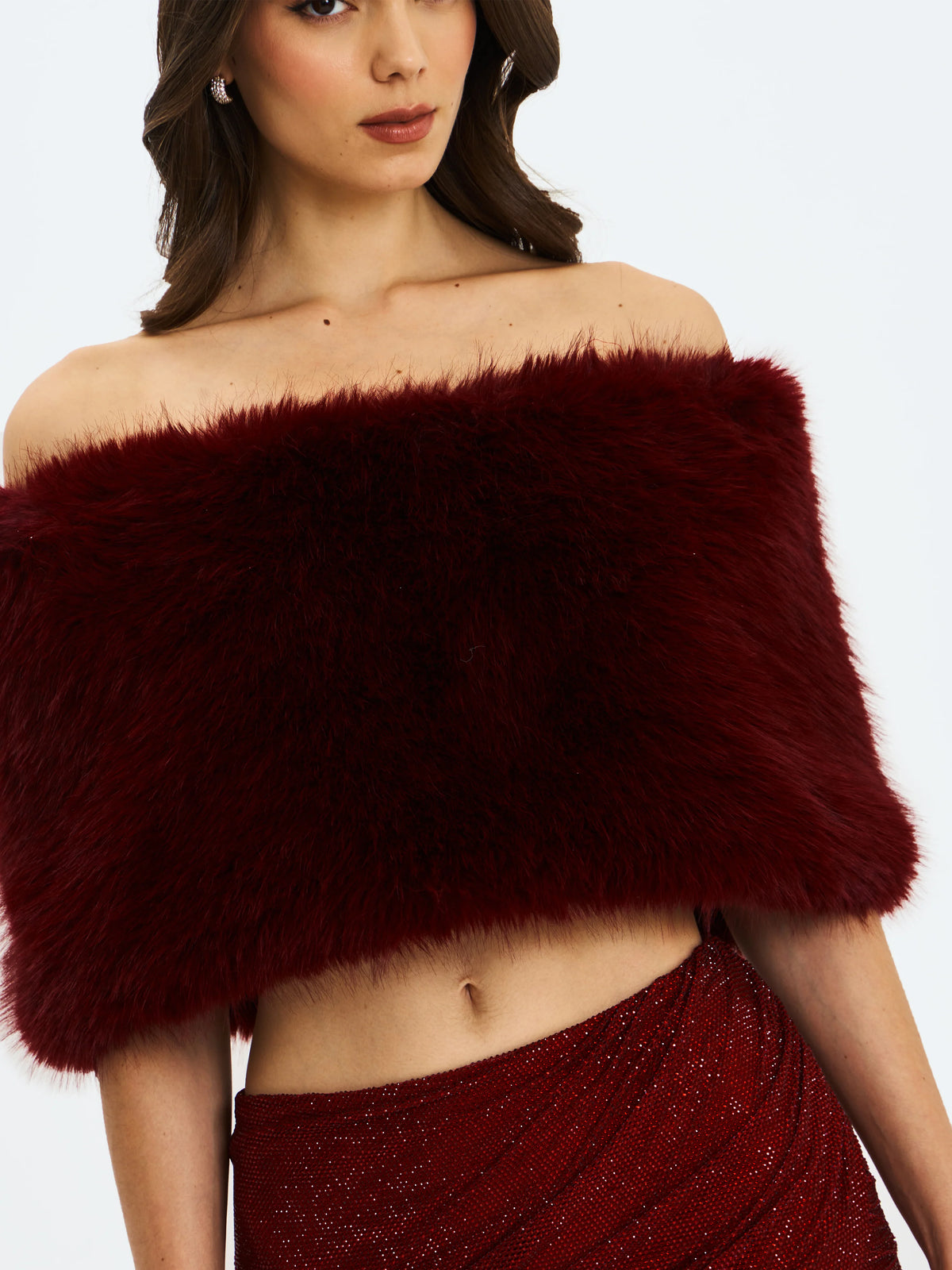 Darla Burgundy Faux Fur Off Shoulder Cropped Top
