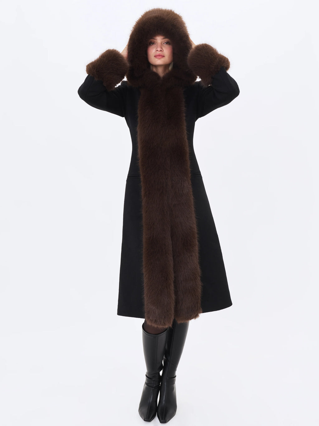 Sloan Black Wool Blend Sculpted Midi Coat with Fur Hood