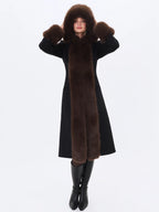Sloan Black Wool Blend Sculpted Midi Coat with Fur Hood