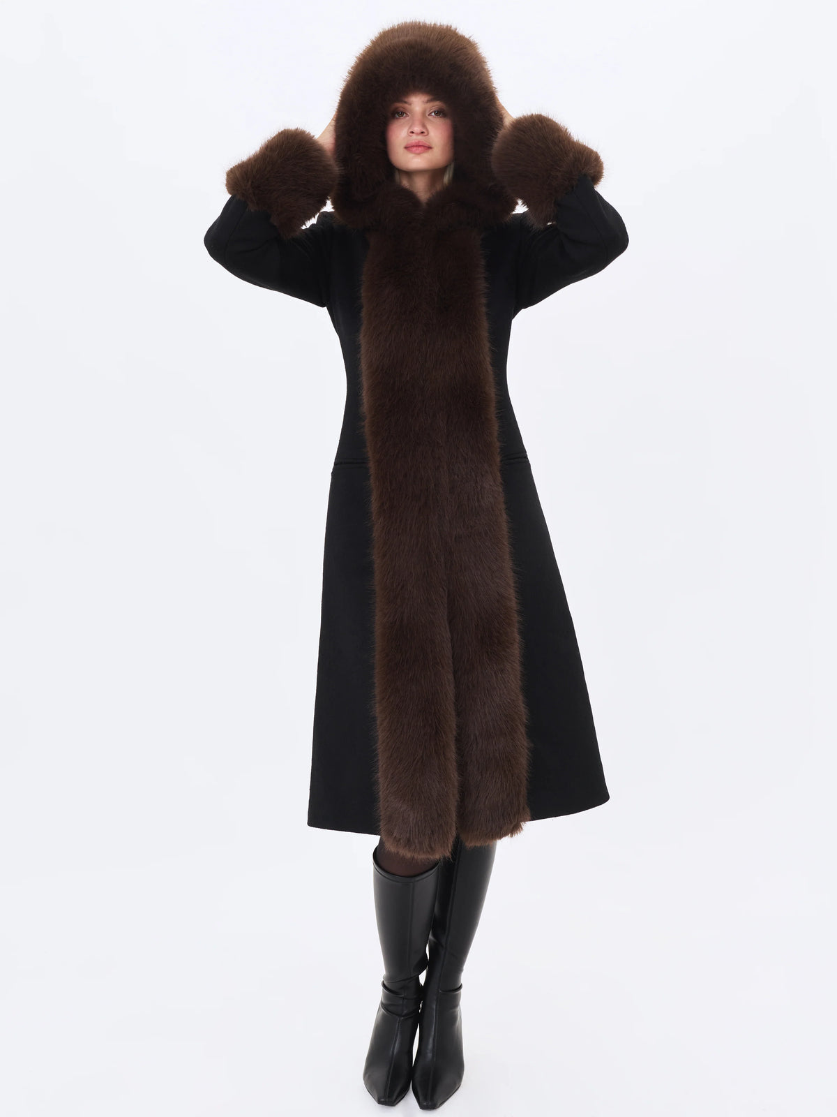 Sloan Black Wool Blend Sculpted Midi Coat with Fur Hood
