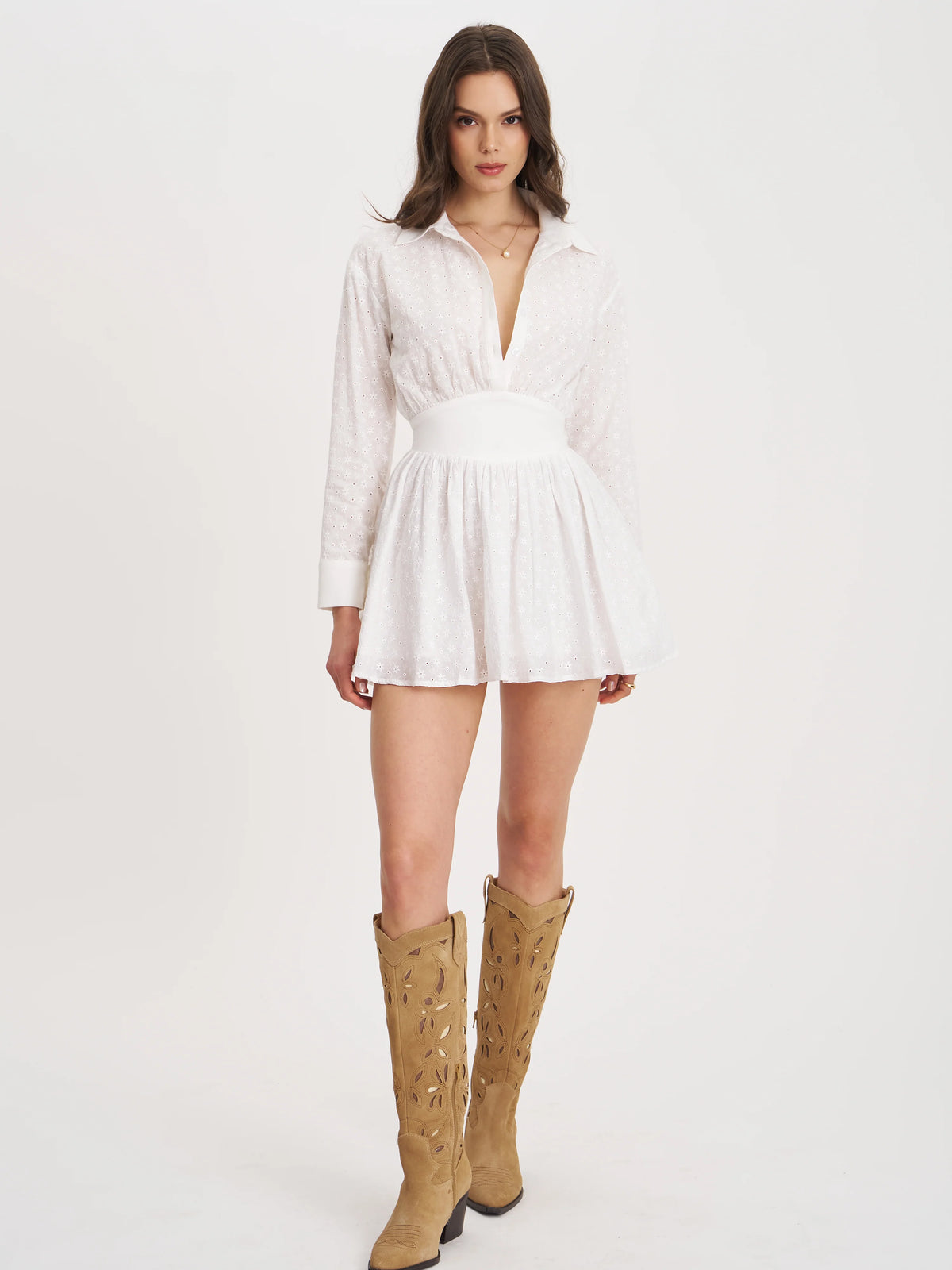 Gabriella White Cotton Eyelet Button Up Long Sleeve Shirt Dress