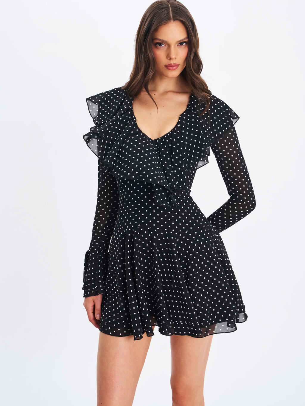 Omari Black Chiffon Polka Dot Ruffled Neckline Mini Dress