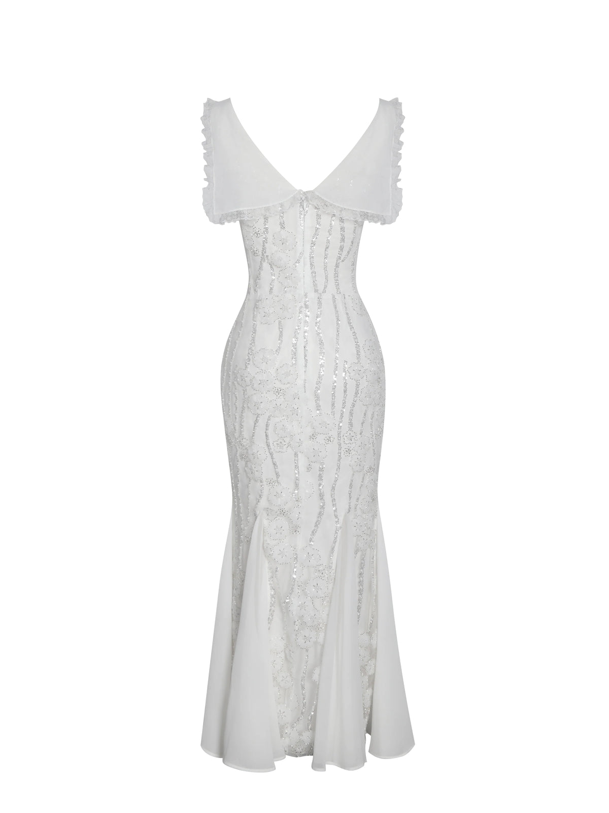 Paola White Peter Pan Collar Beaded Sequin Mermaid Midi Dress
