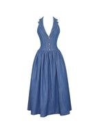 Xyan Navy Denim Lapel Halter A Line Midi Dress