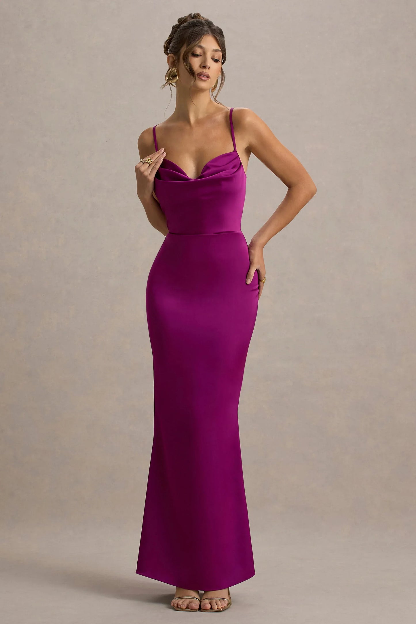 Gia Dark Pink Satin Cowl Neck Maxi Dress