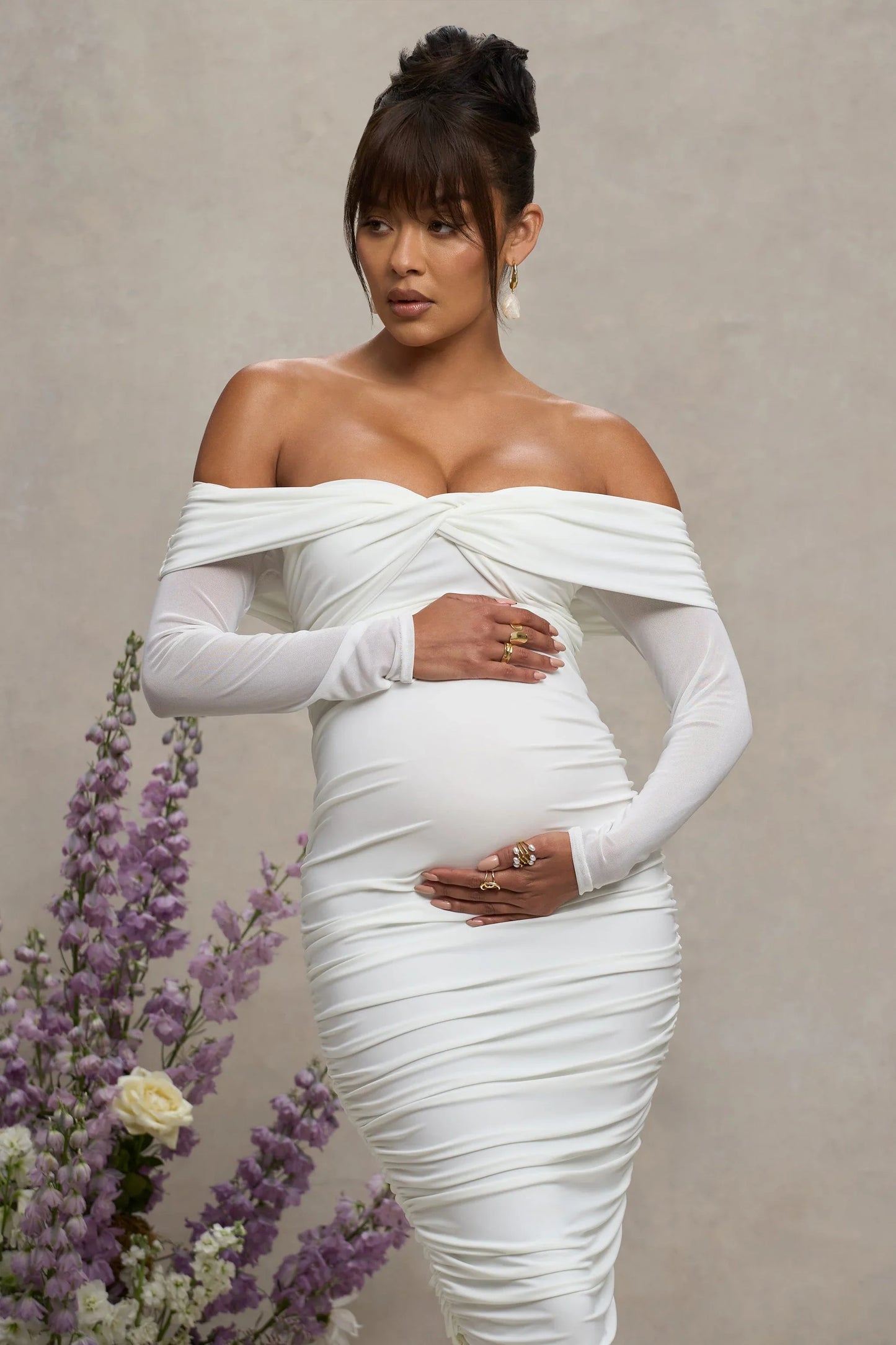 Neva White Bardot Twist Maternity Midi Dress